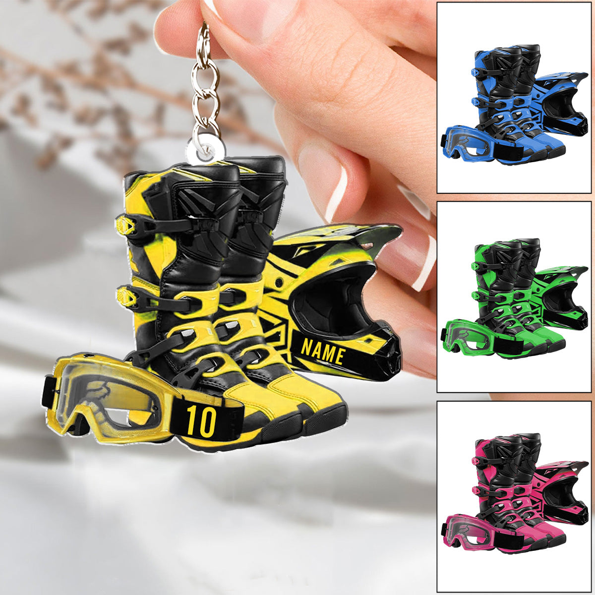 Custom Motocross Boots Helmet Keychain, Motocross Uniform Keychain