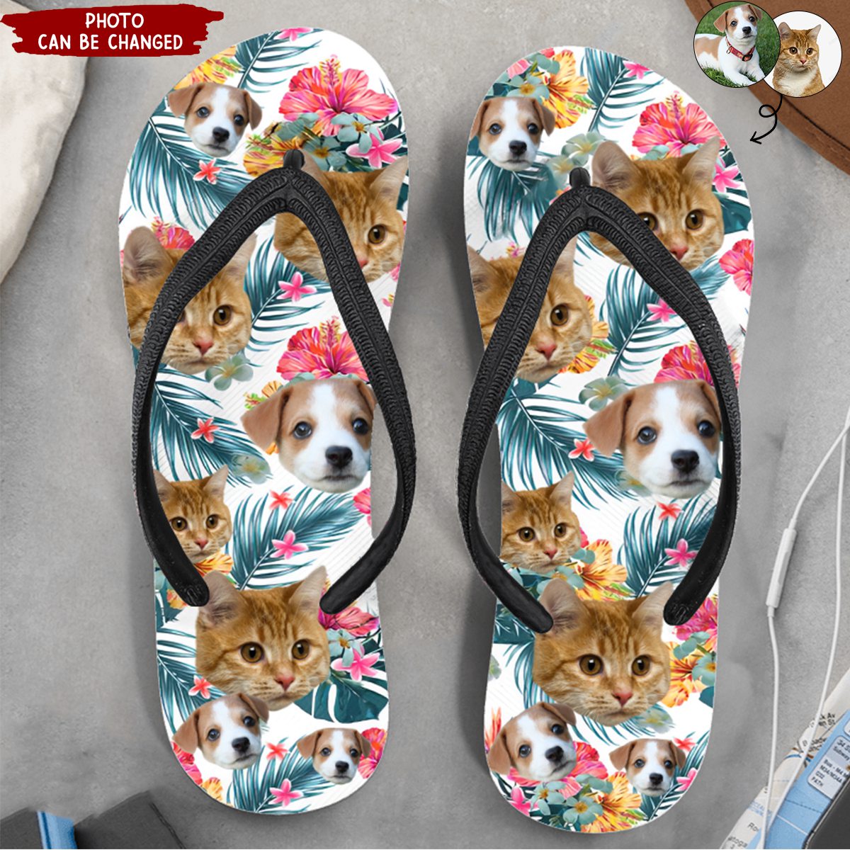 Custom Dog's Cat's Kid's Photo With Tropical Vibe - Personalized Photo Flip Flops
