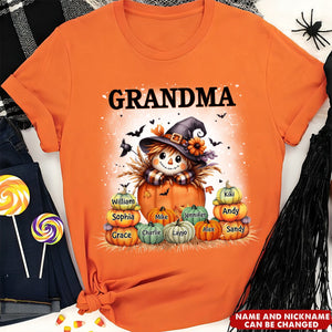 Grandma's Little Pumpkins - Fall Season Background - Scarecrow Grandma With Pumpkin Kid Names Personalized T-shirt