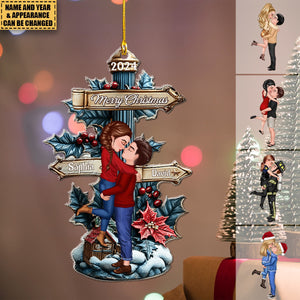 Winter Doll Couple Hugging Kissing In The Snow Personalized Acrylic Christmas Ornament