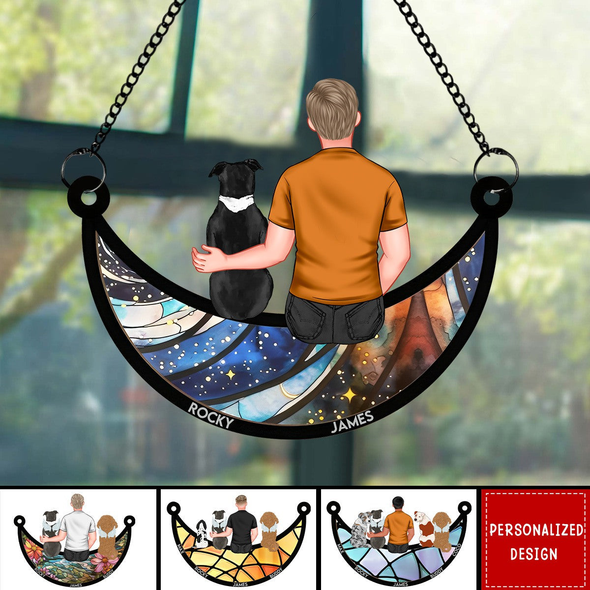 Man And Dog Sitting On The Moon - Personalized Window Hanging Suncatcher Ornament