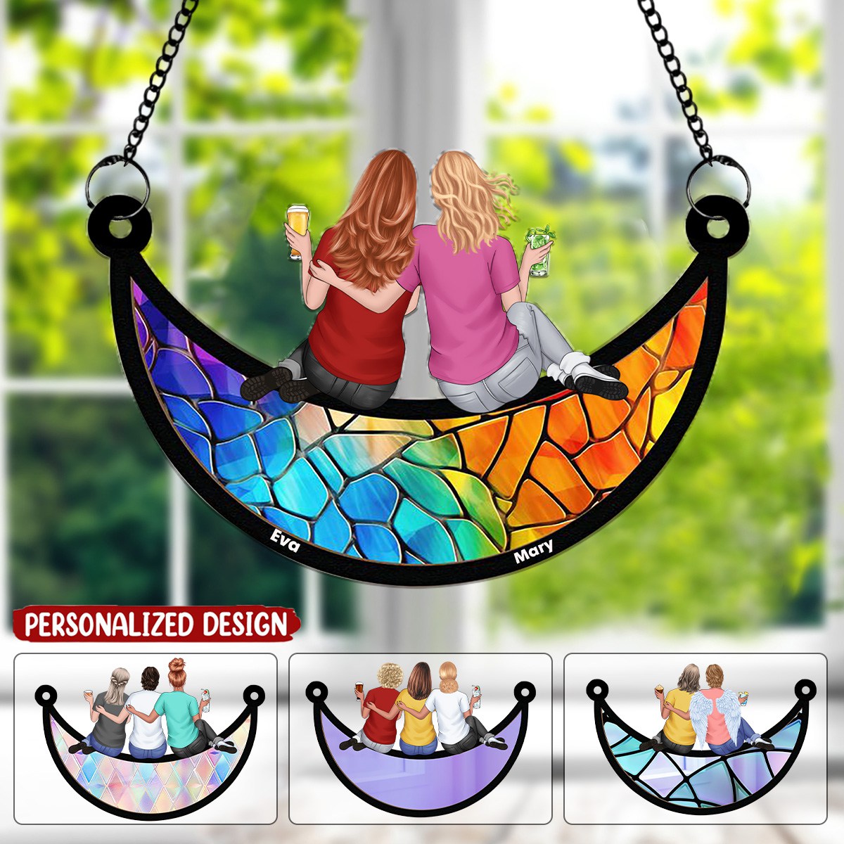 Friends Sitting On The Moon - Personalized Window Hanging Suncatcher Ornament