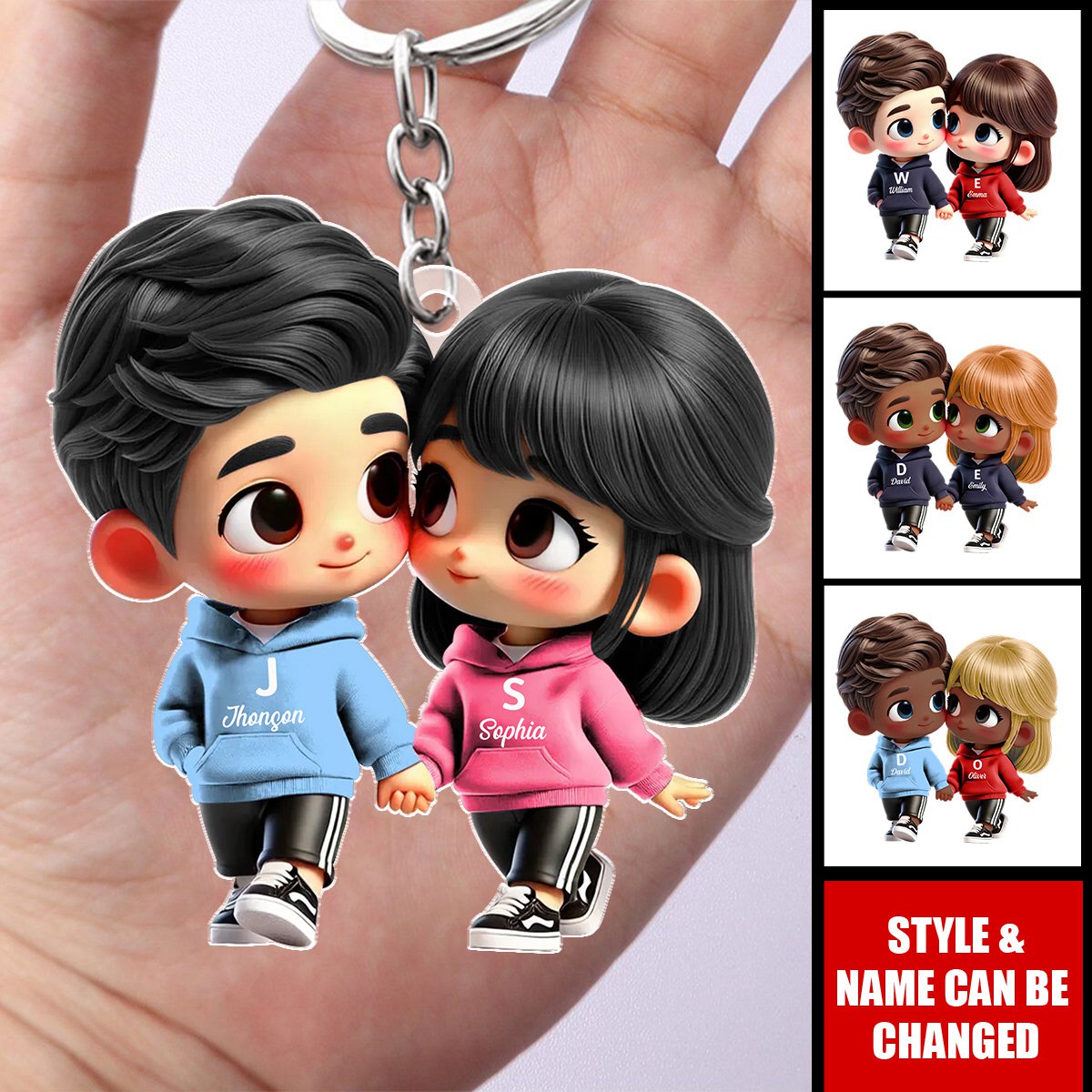 Cute Cartoon Couple Holding Hands Personalized Acrylic Keychain, Anniversary & Valentine's Day Gift for him, Gift for her