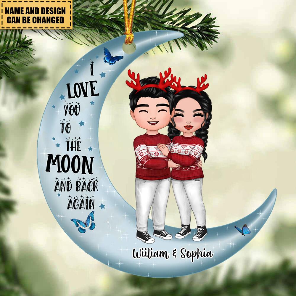 Christmas Doll Couple Standing Hugging On Moon Christmas Gift Personalized Acrylic Ornament